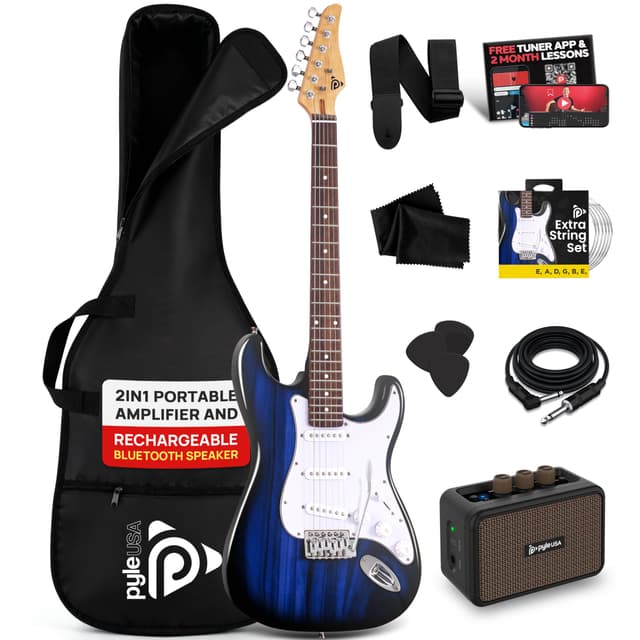 Pyle Electric Guitar and Amp Kit - Full Size 39" Complete Starter Kit with Wearable Bluetooth Amplifier, 1/4” Cable, Carry Case, Strap, Strings, Picks, Cleaning Cloth, ST-Style Pickups (Blue Burst)