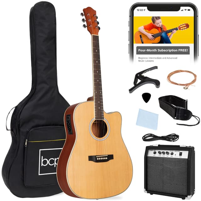 Best Choice Products Beginner Acoustic Electric Guitar Starter Set w/ 41in, All Wood Cutaway Design, Gig Bag, Strap, Picks - Natural