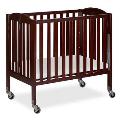 Dream On Me 3-in-1 Portable Mini Baby Crib in Espresso, GreenGuard Gold & JPMA, Birchwood, Quick Fold Patent, Playpen or Changer, Storage or Travel, Heavy Duty Steel Castors, 3 Heights1″ Mattress Pad