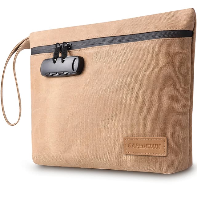 SafeDelux Lock Travel Pouch with Combination Lock & Activated Carbon—Waterproof Zipper, Carbon Lined for Home Storage & Gifts (Khaki)