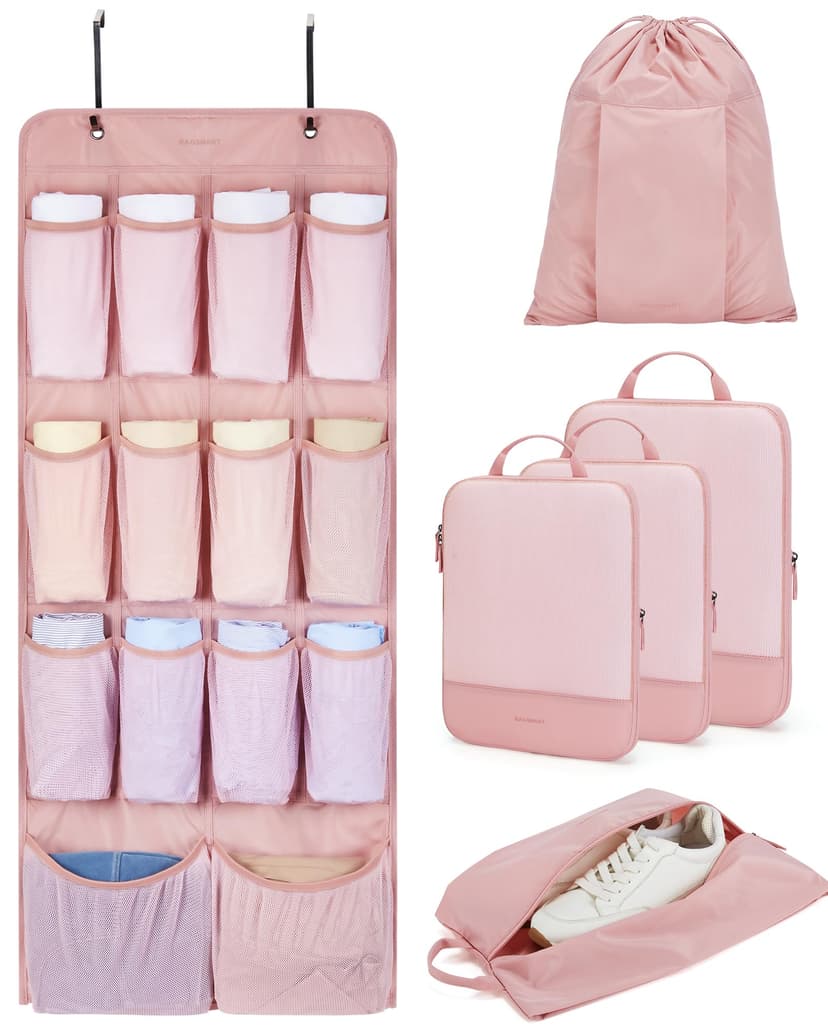 BAGSMART Hanging Compression Packing Cubes for Closet Organizers And Storage, 6 Set Suitcase Organizer Bags Set, Cruise Travel Essentials for Women, Baby Pink