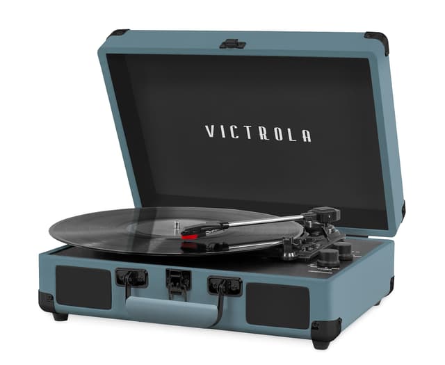 Victrola Journey Bluetooth Portable Suitcase Record Player – with Built-in Speakers, 3 Speed Vinyl Record Player, RCA Out, Headphone Jack (Smoky Blue)