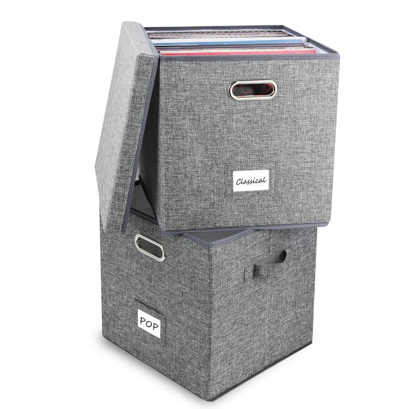 ZEDKEHO Vinyl Record Storage Box Set of 2 - Album Storage Holds 100+ Single Records, Decorative LP Storage Organizer Crate with Lid, Sturdy Moving Boxes for Records