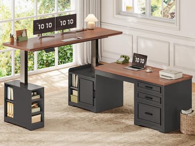 SEDETA Farmhouse L Shaped Electric Standing Desk, 63" x 67" Height Adjustable Home Office Executive Desk with Drawers and Shelves, Standing Computer Desks with Power Outlet for Home Office, Black