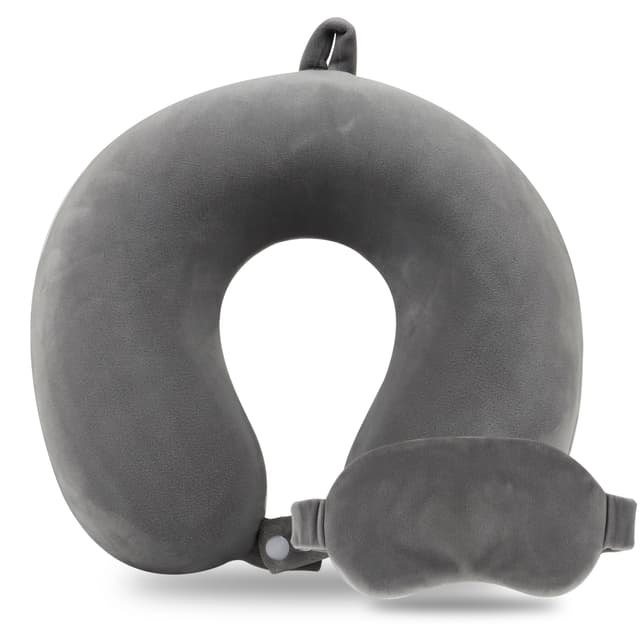 Pure Memory Foam Travel Pillow Set for Adults - Comfortable & Removable Machine Washable Cover, Neck Support Pillow Airplane Travel Kit with Eye Mask for Portable Plane Accessories -Dark Grey