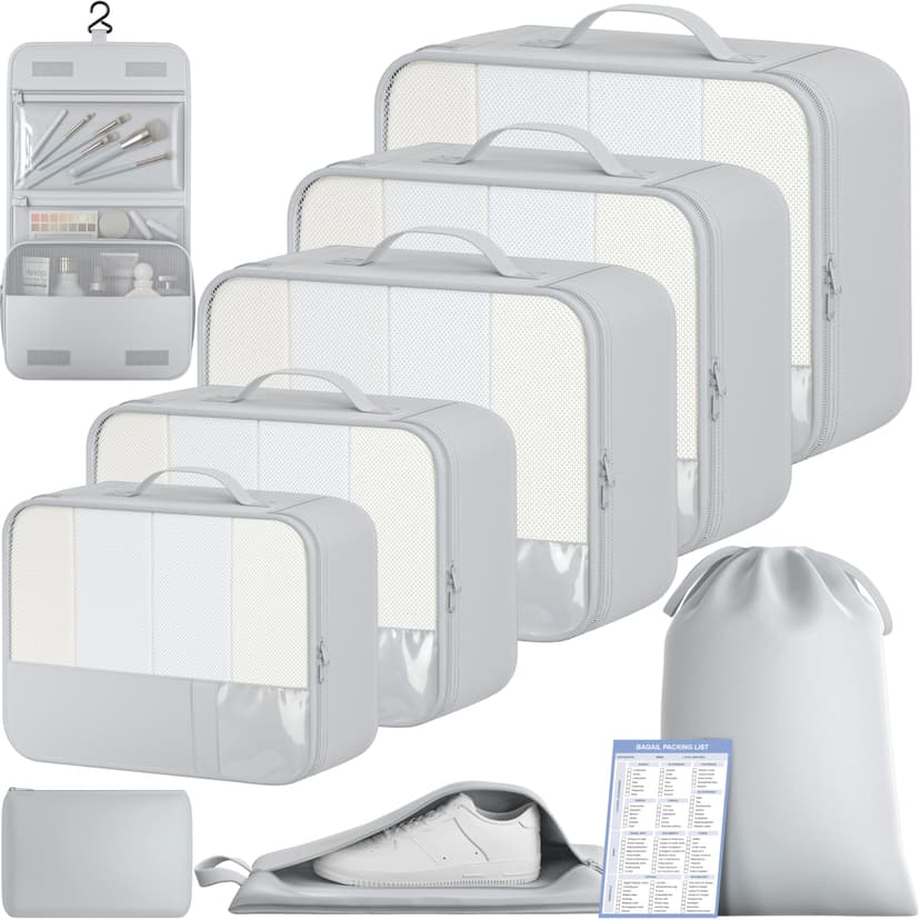 BAGAIL 9 Set Packing Cubes with Packing List Luggage Packing Organizers for Travel Accessories (Light Grey)