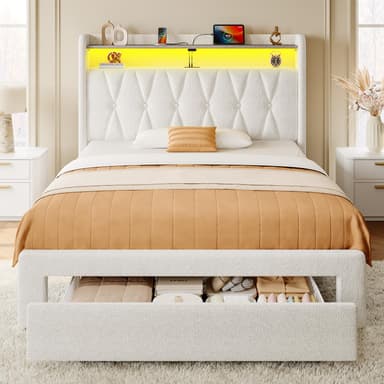 Rolanstar Twin Bed Frame with Drawer, Storage Headboard with Charging Station and LED Lights, Upholstered Bed with Heavy Duty Wood Slats, No Box Spring Needed, Noise Free, Easy Assembly, Beige