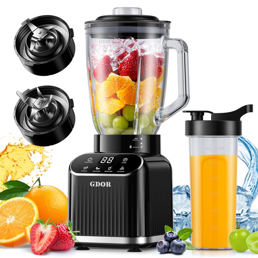 GDOR Professional Blender for Smoothies, 5 Functions, 1200 Peak Watts Smoothie Blender, 52 Oz Glass Jar & 24 Oz To-Go Cup Combo, Ice Crushing & Frozen Fruit, Self-Cleaning, Black