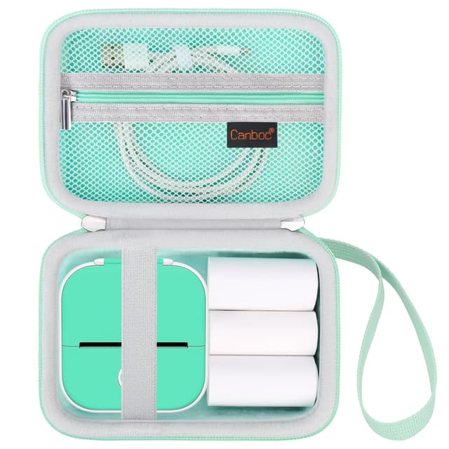 Canboc Carrying Case for Memoking/Ponek/Phomemo/Omezizy/Memoqueen T02 Mini Printer Sticker Printer, T02 Portable Thermal Printer Box for Thermal Paper, USB Cable, Green (Case Only)