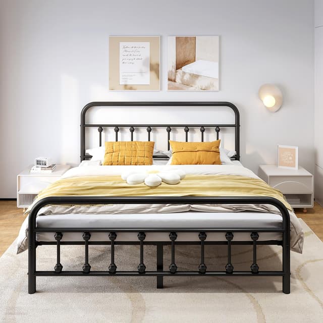 Vengarus Metal Bed Frame,Full Size Bed Frame with Headboard,Structurally Stable, Heavy Duty Steel Slat Supported,Under Bed Storage,No Box Spring Needed,14 Inch,Black