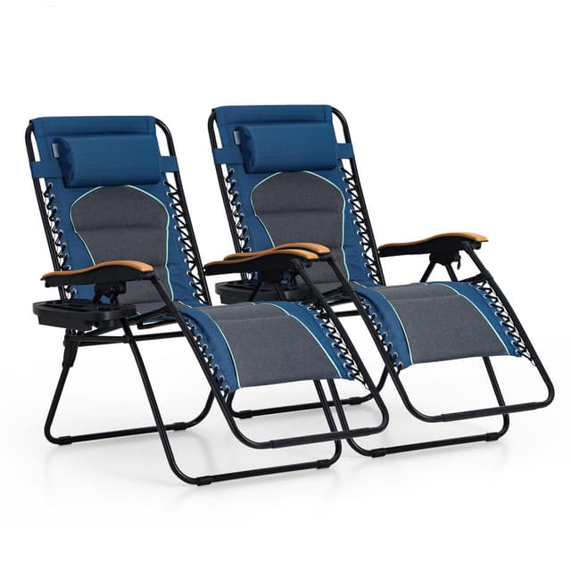PHI VILLA XXL Oversized Padded Zero Gravity Chair Set of 2, Foldable Patio Recliner, 30" Wide Seat Anti Gravity Lounger with Armrest and Cup Holder, Support 400 LBS (Blue Accents)