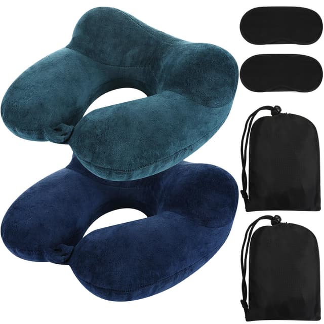 Sintuff 2 Pack Inflatable Travel Pillow for Airplanes Inflatable Neck Flight Pillows with Compact Bag and Blindfold for Traveling, Airplane, Train, Car, Office(Peacock Green and Blue)