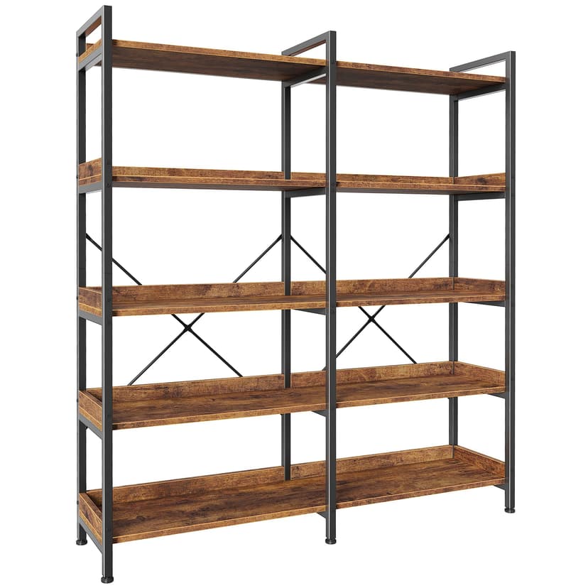 Huuger 5 Tier Bookshelf, Display Bookshelf with 10 Open Shelves and Raised Baffle, 47.2 Inch Straight Wide Bookcase with Metal Frame and Wooden Board, Adjustable Feet, Rustic Brown
