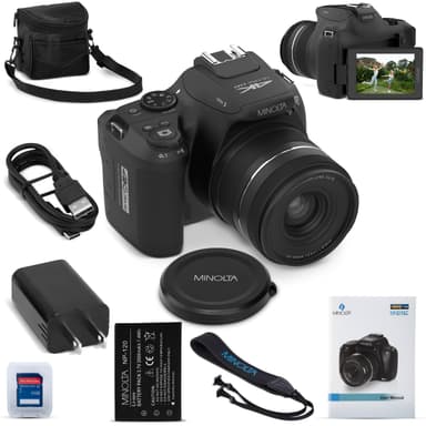 Minolta 64MP Digital Camera – 10x Optical Zoom, 4K Ultra HD Video, Macro Shooting, Anti-Shake, 3-inch LCD Screen, Face Detection – Includes 32GB SD Card, Battery & Case (Black)
