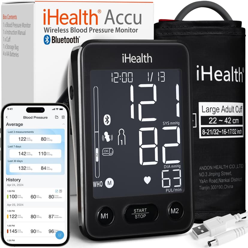 iHealth Accu Blood Pressure Monitor – 4.5" Large LCD(Black), Clinically Accurate, Irregular Heartbeat Alert, Body & Cuff Detection, Bluetooth Sync, Large 8.6"–17" Cuff– Easy for Seniors & Adults