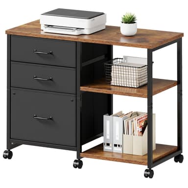 Maihail 3 Drawer File Cabinet with Wheels Rolling Printer Stand with Open Storage Shelf Fabric Lateral Filing Cabinet for Home Office,Rustic Brown