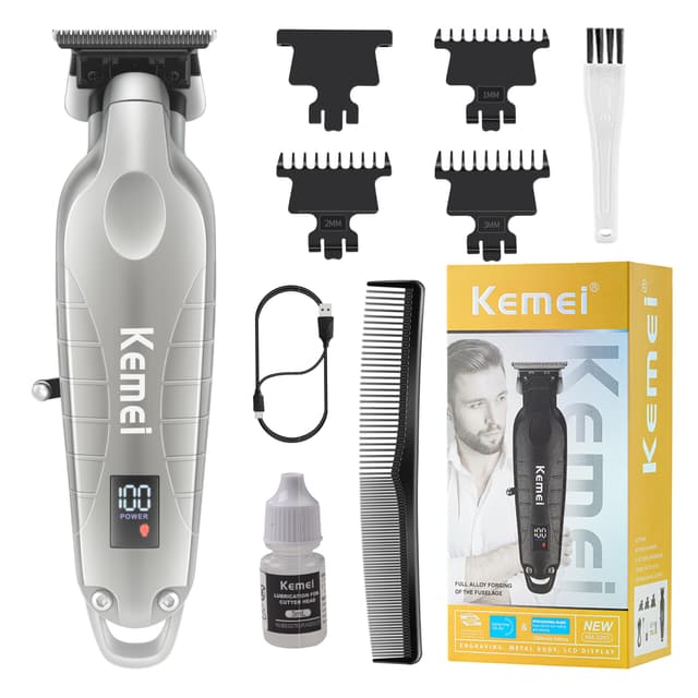 KEMEI 2293 Professional Hair/Beard Trimmer for Men Zero Gapped Hair Clippers for Barber with T Blade, Cordless Rechargeable, Silvery