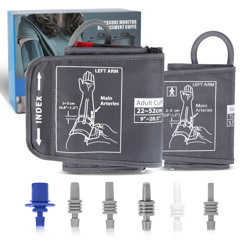 Full-Size Blood Pressure Replacement Cuffs - 5.9-9.5 & 9-21 Inches, Fit Small Medium Large XL XLarge Extra Large Big Arms, 6 Sizes of Connectors Compatible with Omron or Other Brands (Cuffs Only)