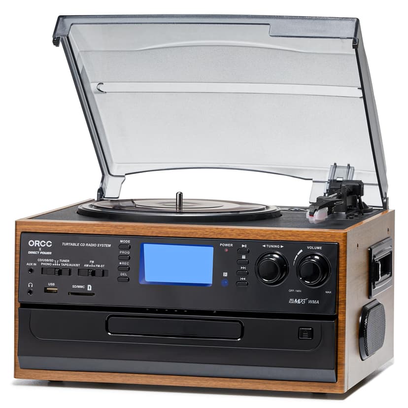 ORCC 10-in-1 Vinyl Turntable Record Player with Bluetooth, Turntable with Built-in Speaker CD Cassette and FM/AM Radio Combo, AUX in RCA Out USB MP3 Recording Headphone Jack, Copmact & Portable
