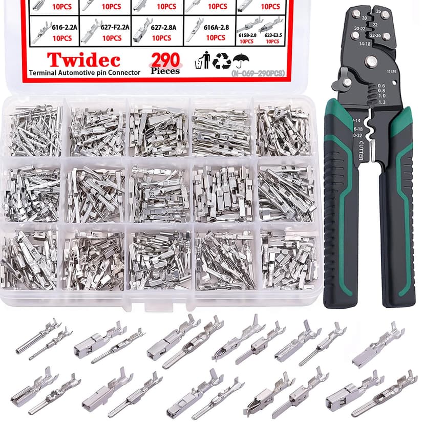 Twidec/290PCS Car Electrical Wire Terminal Pins Connector 1/1.5/1.8/2.2/2.8/3.5mm 21Type Connector Pins Terminal Non-Insulated Plug Removal Male Female Crimp Pins With Wire Crimper Tool