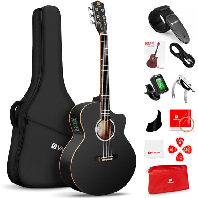 Vangoa 3/4 Acoustic Electric Guitar Kit for Beginners, 36 Inch Acoustic Cutaway Guitar Junior Size Travel Acustica Guitarra Bundle for Adults, Teens, Upgraded Starter Kit, Black Matte