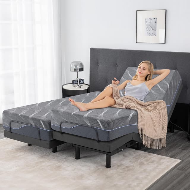 Adjustable Bed Frame Split King, Bed Base with 14 Inch Grey Gel Memory Foam Medium-Firm Mattress in Box, Adjustable Bed with Adjustable leg height, Easy Assembly Smart Electric Hospital Bed furniture