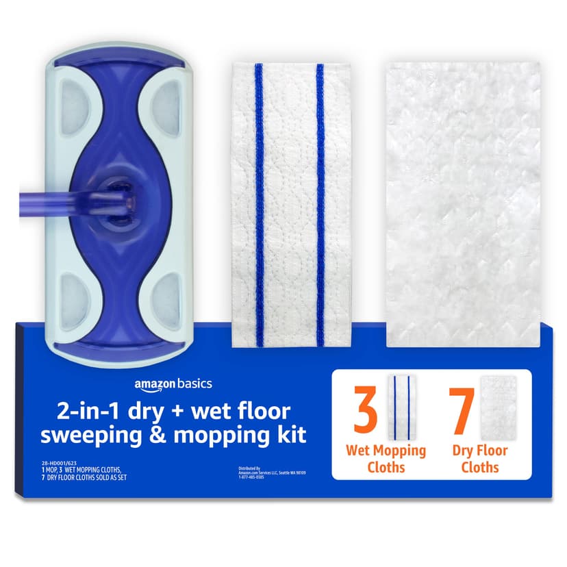 Amazon Basics Wet & Dry Sweeper Kit, 1 Sweeper Handle, 7 Heavy Duty Dry Floor Cloths, 3 Wet Floor Cloths, Pack of 1