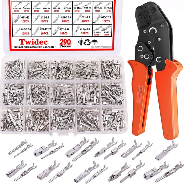 Twidec/290PCS Car Electrical Wire Terminal Pins Connector 1/1.5/1.8/2.2/2.8/3.5mm 21Type Auto Electric Connector Pins Terminal Non-Insulated Plug Removal Male Female Crimp Pins with Crimping Pliers