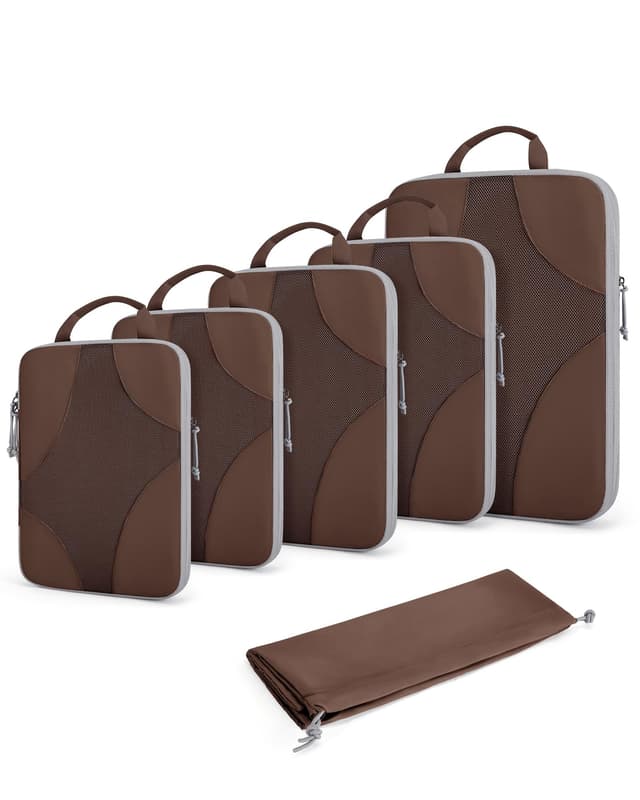 BAGSMART Compression Packing Cubes for Travel, Compressible Luggage Organizer for Cruise Ship, Lightweight Travel Essentials 6-Pack 1L+2M+2S+1Shoe Bag, Mocha Brown