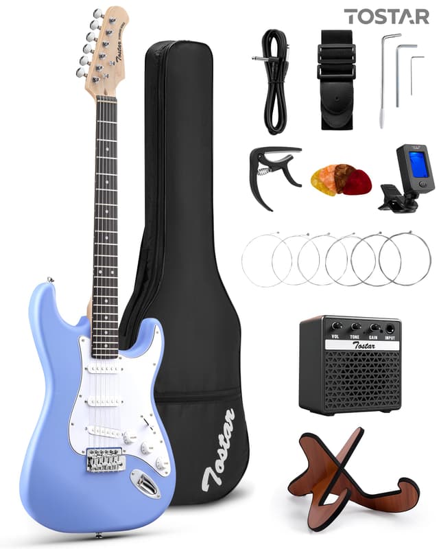 Tostar 39 Inch Full Size Electric Guitar Kit For Beginners And Adults,SSS Pickup Stratocaster Guitarra Electrica Set Includes Tremolo Bridge,Amp,Strings,Stand,Case Bag, Birthday Holiday Gifts, Blue
