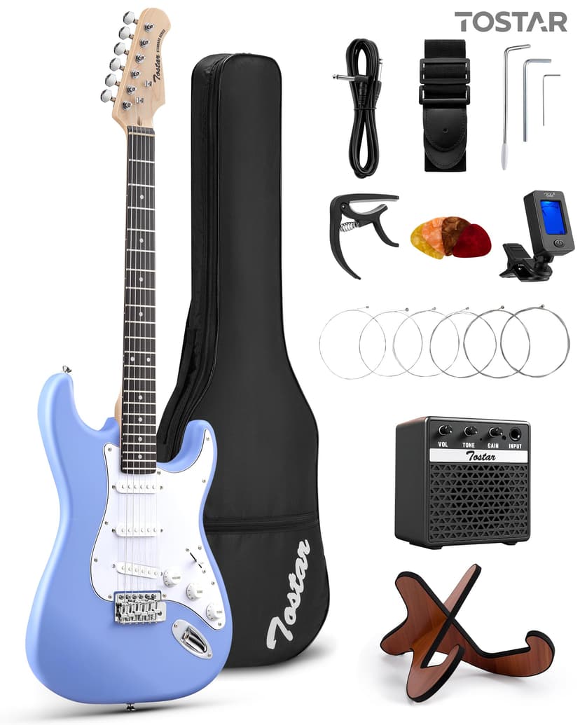 Tostar 39 Inch Full Size Electric Guitar Kit For Beginners And Adults,SSS Pickup Stratocaster Guitarra Electrica Set Includes Tremolo Bridge,Amp,Strings,Stand,Case Bag, Birthday Holiday Gifts, Blue