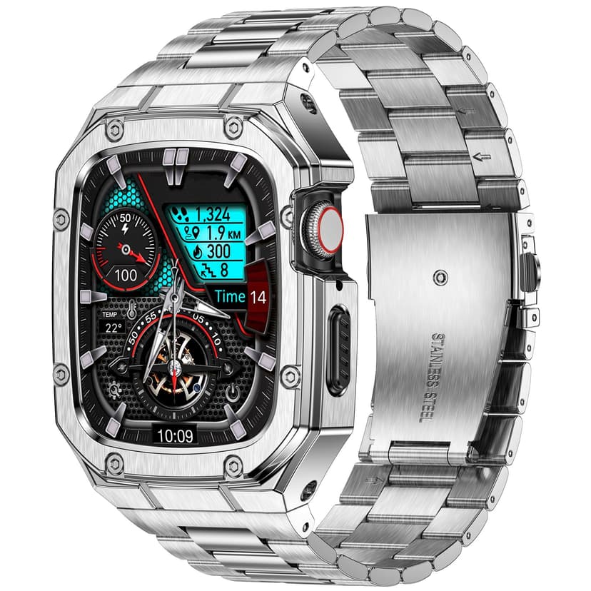 BAITEYOU Stainless Steel Watch Band with Case Compatible with Apple Watch Series SE 3 2 1/6 5 4 (44mm), Series 3 2 1 (42mm), Metal Protective Bumper Rugged Cover for iWatch Bands Men (Silver)