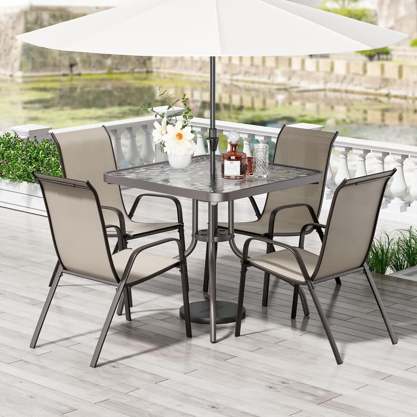 TLSUNNY Patio Dining Set 5 Pieces, All Weather Outdoor Furniture W/30"X 30" Table and 4 Stackable Textilene Chairs, Metal Table and Chairs for Patio, Lawn, Garden, Poolside, Backyard (Beige)