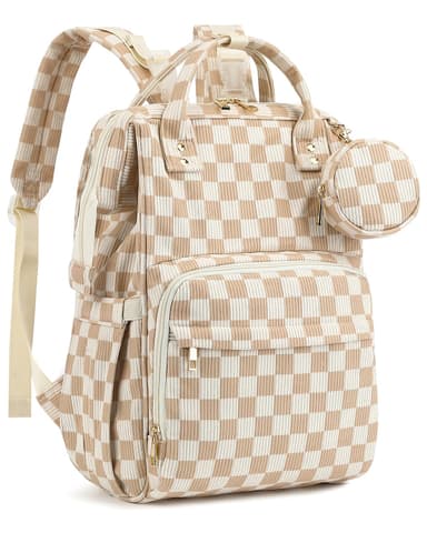 Corduroy Diaper Bag Backpack, Large Capacity Multifunction Baby Diaper Bags for Women, Insulated Bottle Pockets & Pacifier Case, Stylish Travel Nappy Changing Bags for Mom Dad (Checkered Brown)