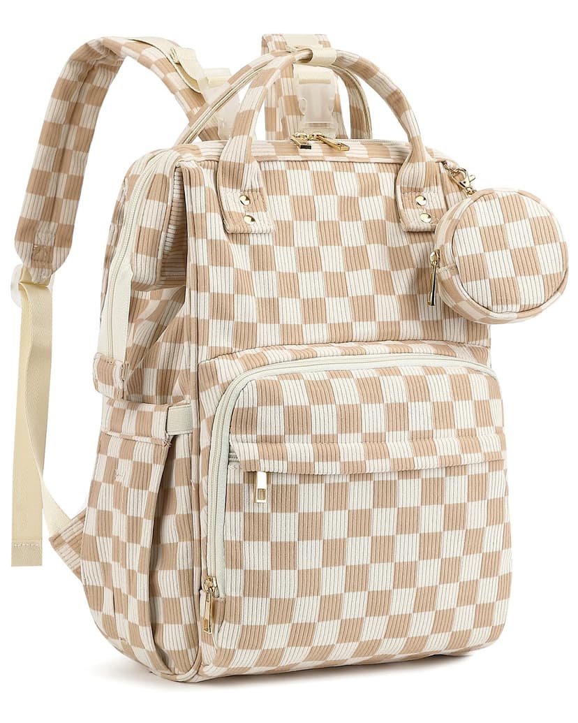Corduroy Diaper Bag Backpack, Large Capacity Multifunction Baby Diaper Bags for Women, Insulated Bottle Pockets & Pacifier Case, Stylish Travel Nappy Changing Bags for Mom Dad (Checkered Brown)