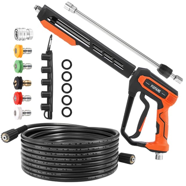 FIXFANS Pressure Washer Gun and Hose Kit, 25 FT High Power Washer Hose with Replacement Wand Extension, 5 Nozzle Tips, M22 Fitting