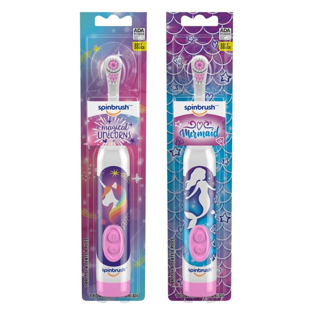 Mermaid & Unicorn Spinbrush Kids Electric Toothbrush 2-Pack, Battery-Powered, Soft Bristles