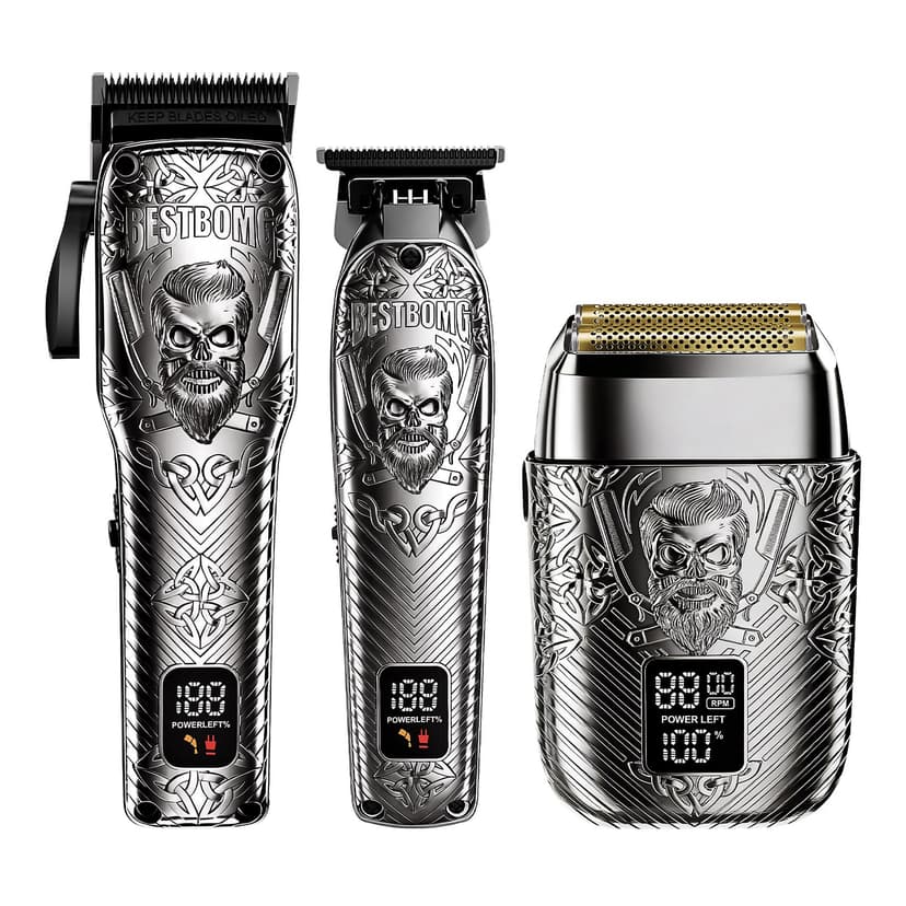 BESTBOMG Professional Cordless Mens Hair Clippers & Beard Trimmer and Electric Shavers Kits & Sets,Metal Hair Clippers Cutting Grooming Kit with Long Battery Life for Family Barber Use (Gray)