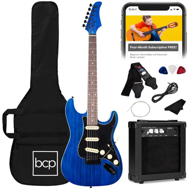 Best Choice Products 39in Full Size Beginner Electric Guitar Starter Kit w/Case, Strap, 10W Amp, Strings, Pick, Tremolo Bar - Midnight Blue