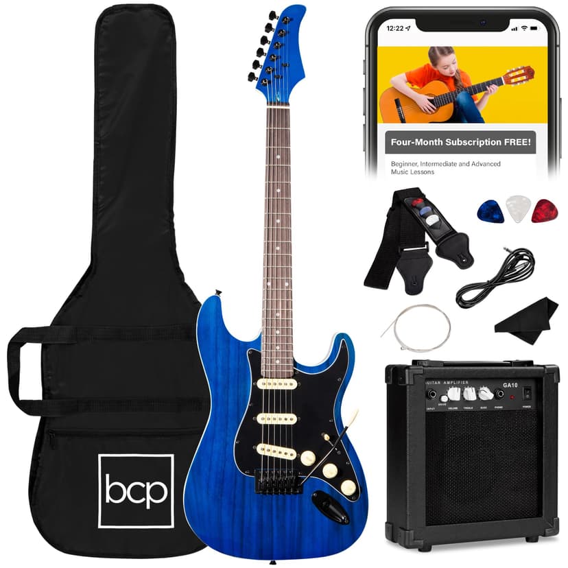 Best Choice Products 39in Full Size Beginner Electric Guitar Starter Kit w/Case, Strap, 10W Amp, Strings, Pick, Tremolo Bar - Midnight Blue
