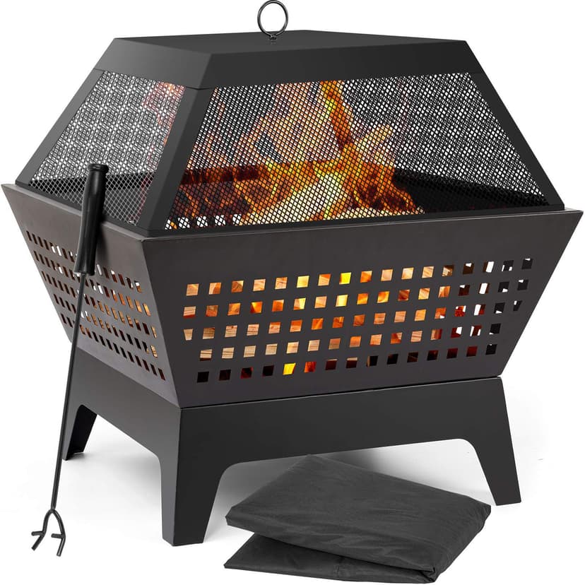 AMAGABELI GARDEN & HOME 24.4Inch Wood Burning Fire Pit for Outside with Spark Screen Lid Poker and Waterproof Cover Square Outdoor Firepit Heavy Duty for Camping Bonfire Patio Party Black