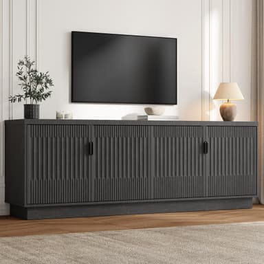 Fatmok 68" TV Stand for up to 75" TVs, Modern Media Console with 4 Fluted Doors, Adjustable Shelves & Storage Cabinets, Black and Grey Entertainment Center