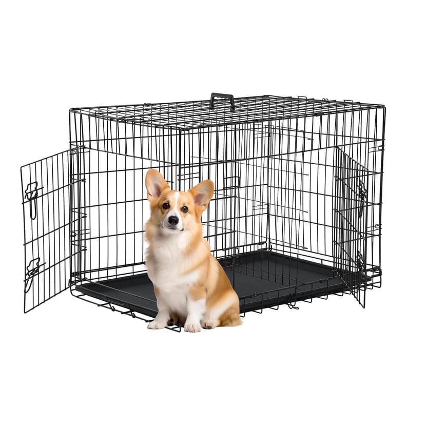 FDW 30 inch Dog Crate Dog Kennel Cage with Double Door Folding Metal Wire Dog Cage with Removable Tray&Divider Panel,Pet Crate for Medium Dogs,Black