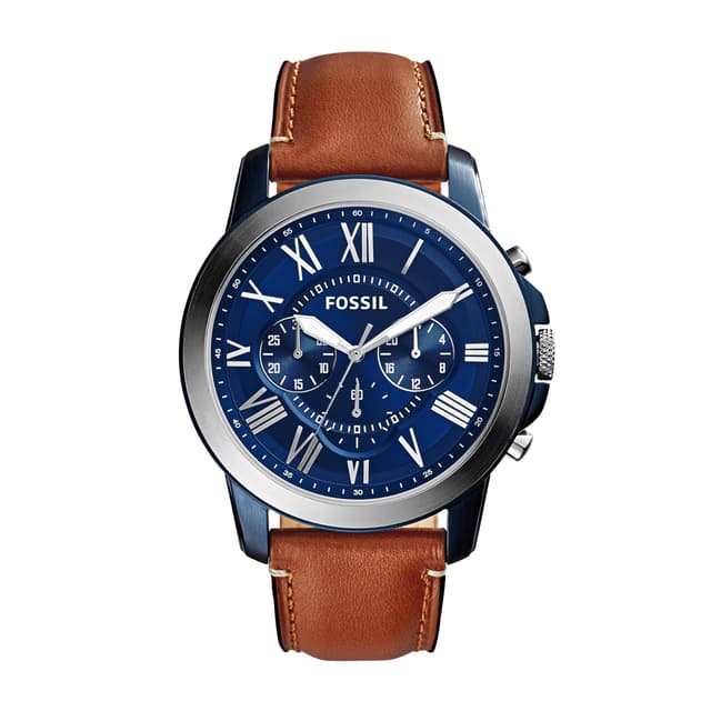 Fossil Men's Watch, Grant Quartz Stainless Steel and Leather Chronograph Watch for Men, Color: Silver/Blue, Luggage