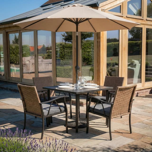 Andehomy 5-Piece Patio Dining Set for 4, Outdoor Dining Set with 4 Wicker Patio Dining Chairs with Cushions & 1 Black Square Woodgrain Dining Table with 1.75" Market Umbrella Hole, Black & Brown