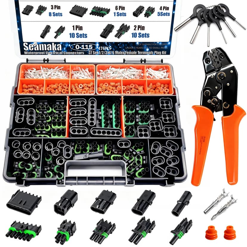 Seamaka 476Pcs 37 Kits Waterproof Automotive Electrical Connectors 1/2/3/4/6 Male&Female Automotive Replacement Electrical Accessories 22-14AWG with Ratchet Crimping Tool