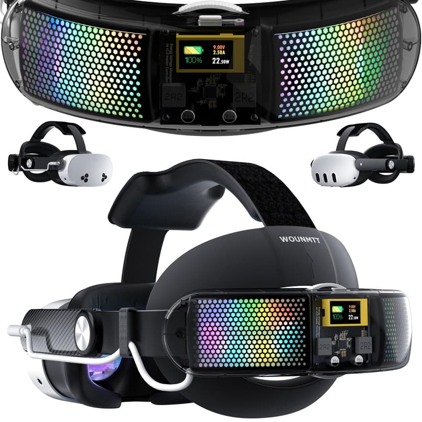 WOUNMTT Head Strap with 10000mAh Battery for Meta Quest 3/3S – Transparent RGB Lighting, Smart Power Display & Carbon Fiber Finish, Adjustable VR Headset Strap for Enhanced Comfort and Balance