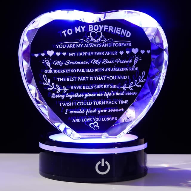 YWHL Gifts for Boyfriend with Colorful LED Base Unique Birthday Gift Ideas from Girlfriend Romantic Heart Crystal Keepsakes to My Anniversary Christmas Valentine Day Clear 4.33*3.74*.1.18