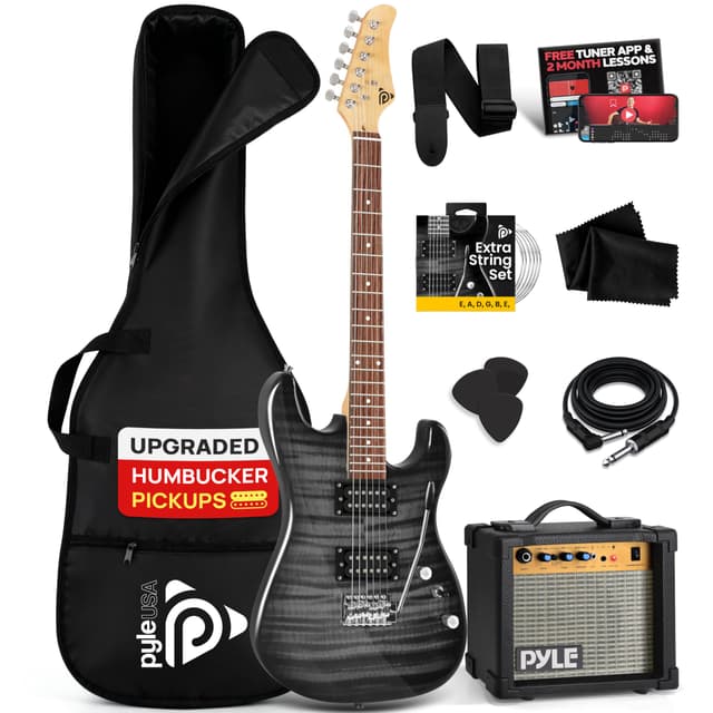 Pyle Electric Guitar Kit with Amp, Full Size Instrument with Humbucker Pickups, Guitarra Electrica Amplifier and Beginner Bundle Accessories, 39" Black