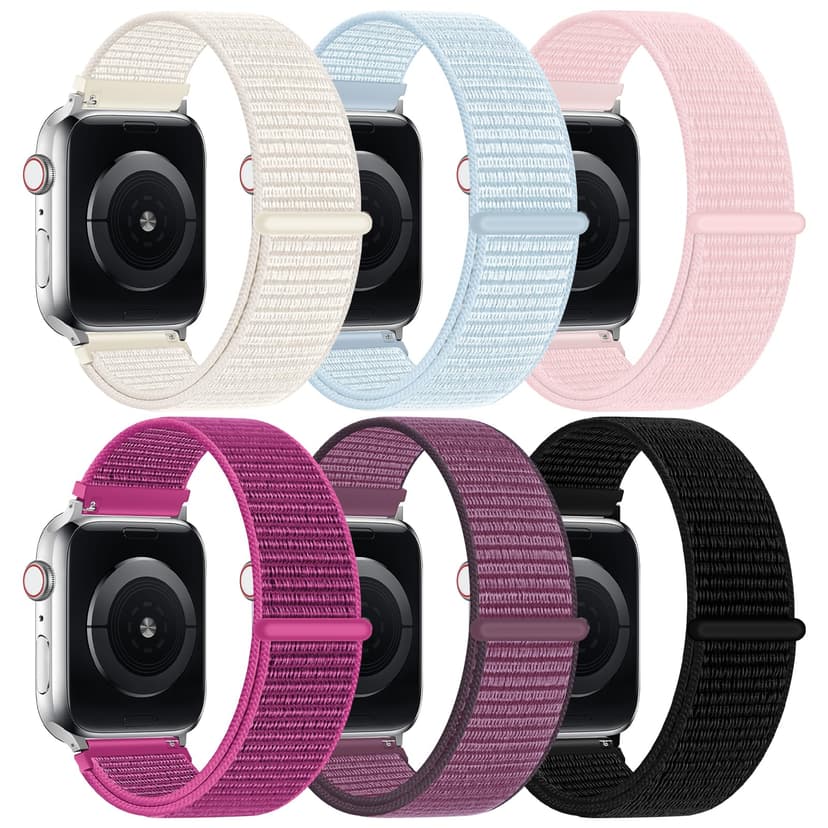 6 Pack Nylon Sport Loop Band Compatible with Apple Watch Band 38mm 40mm 41mm 42mm 44mm 45mm 46mm 49mm Women Men, Soft Adjustable Replacement Straps for iWatch Series 11 10 9 8 7 6 5 4 3 2 1 SE Ultra